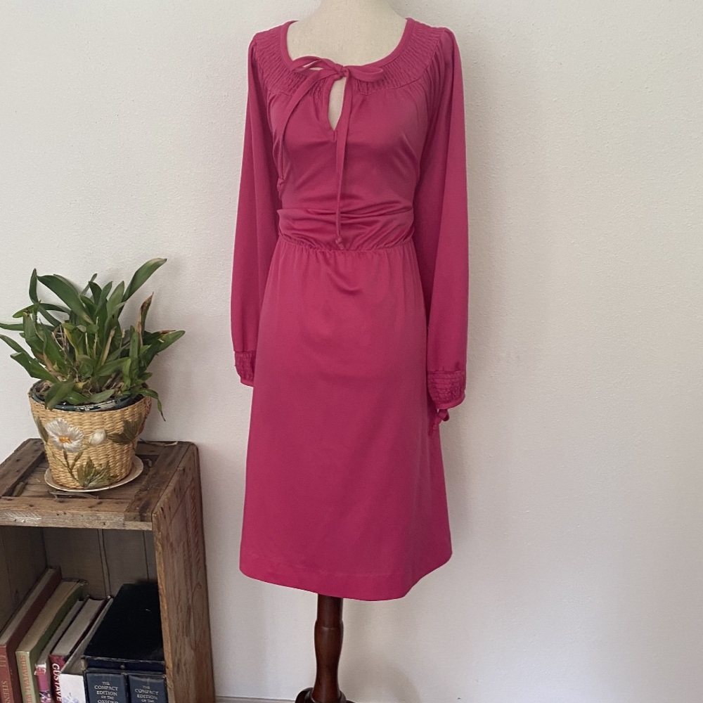 70s poly smocked neck top. Classic late 70s hippie boho midi length dress. Pink
